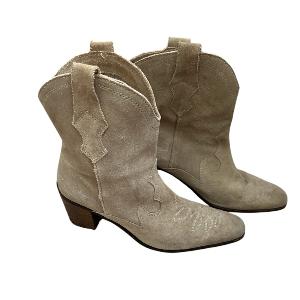 ZARA Tan Embroidered Suede Ankle Western Cowboy Boots  Size 8.5 (39)